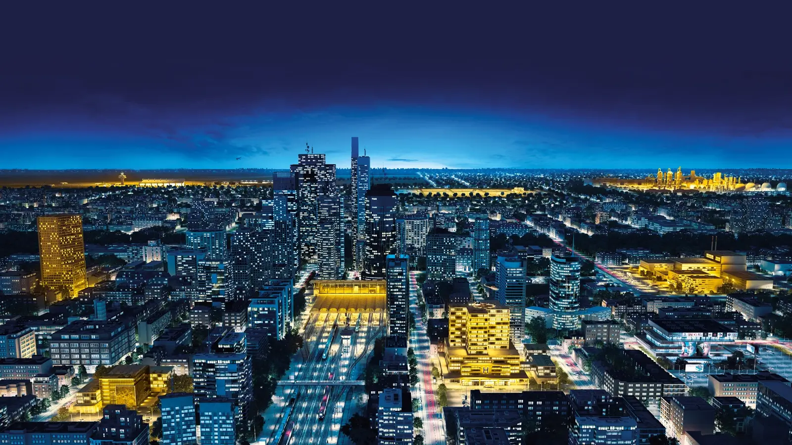 City skyline at night representing critical electrical power infrastructure